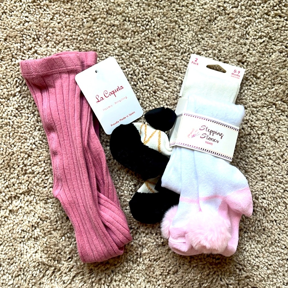 3 pair - NWT Size 0-9/6-12 mth tights with cute details & 1 plain ribbed pair